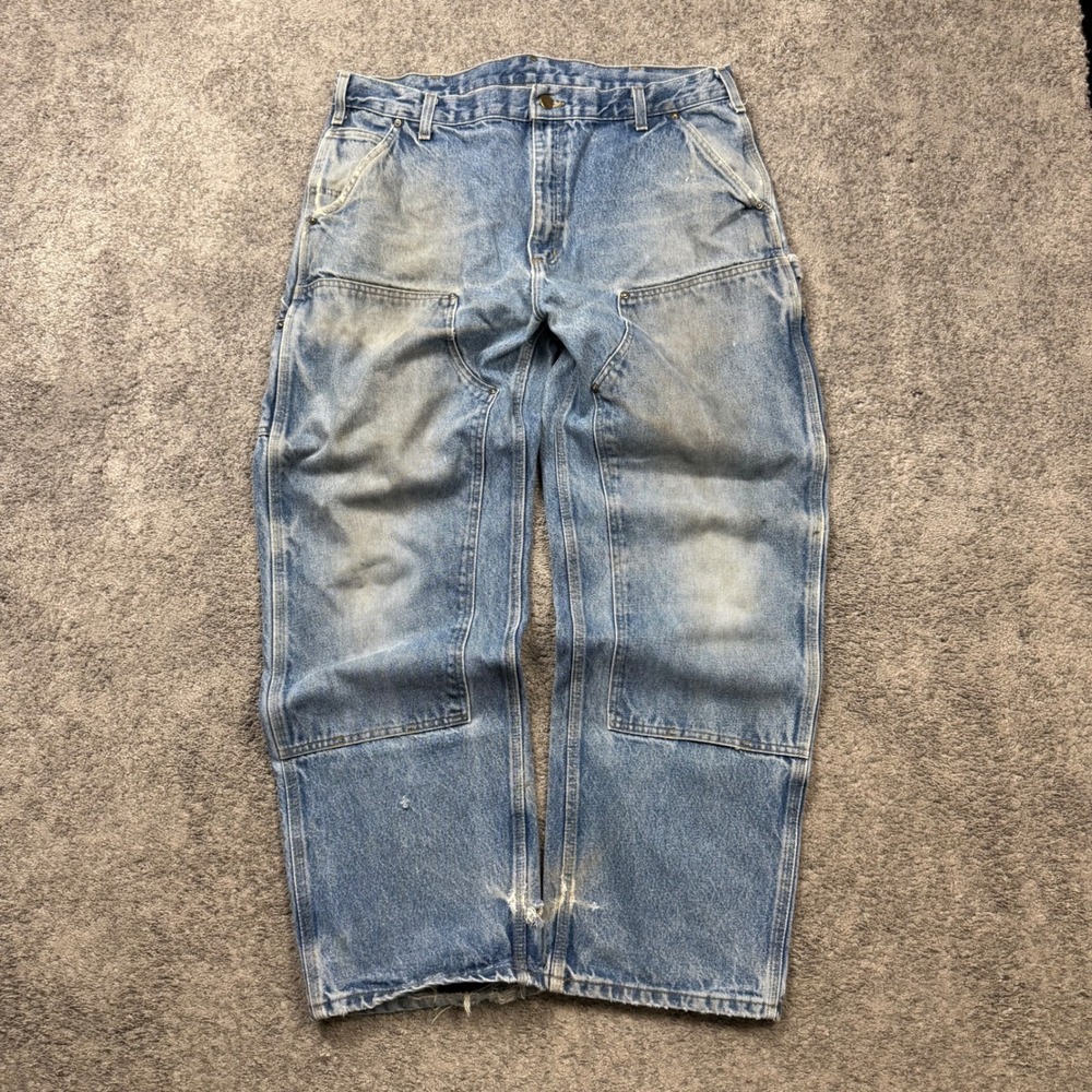 Carhartt B73 DST Double Front Logger Jeans Blue 38x32 Distressed Workwear